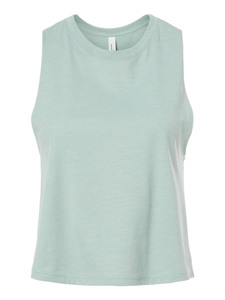 Bella + Canvas Women’s Racerback Crop Tank in light sage, displayed flat to highlight its soft fabric and relaxed fit.