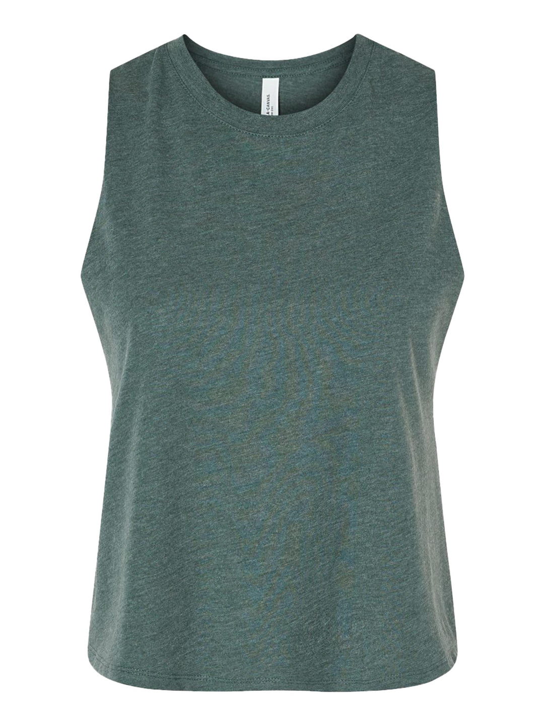 Bella + Canvas Women’s Racerback Crop Tank in dark green, laid flat to showcase its sleeveless, cropped design. Perfect for casual wear.