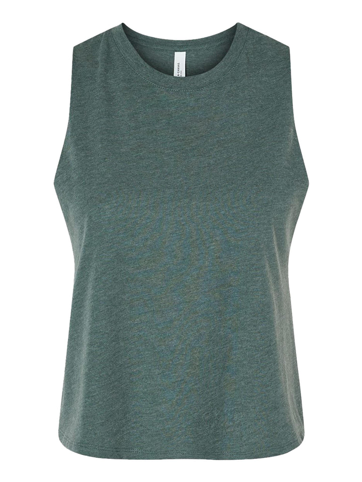 Bella + Canvas Women’s Racerback Crop Tank in dark green, laid flat to showcase its sleeveless, cropped design. Perfect for casual wear.