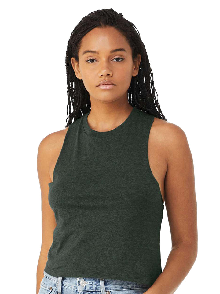 Bella + Canvas Women’s Racerback Crop Tank in forest green, featuring a cropped, sleeveless design. Perfect for casual or active wear.