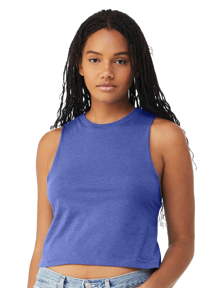 Bella + Canvas Women’s Racerback Crop Tank in royal blue, featuring a sleeveless, cropped fit. Ideal for casual or athletic wear.