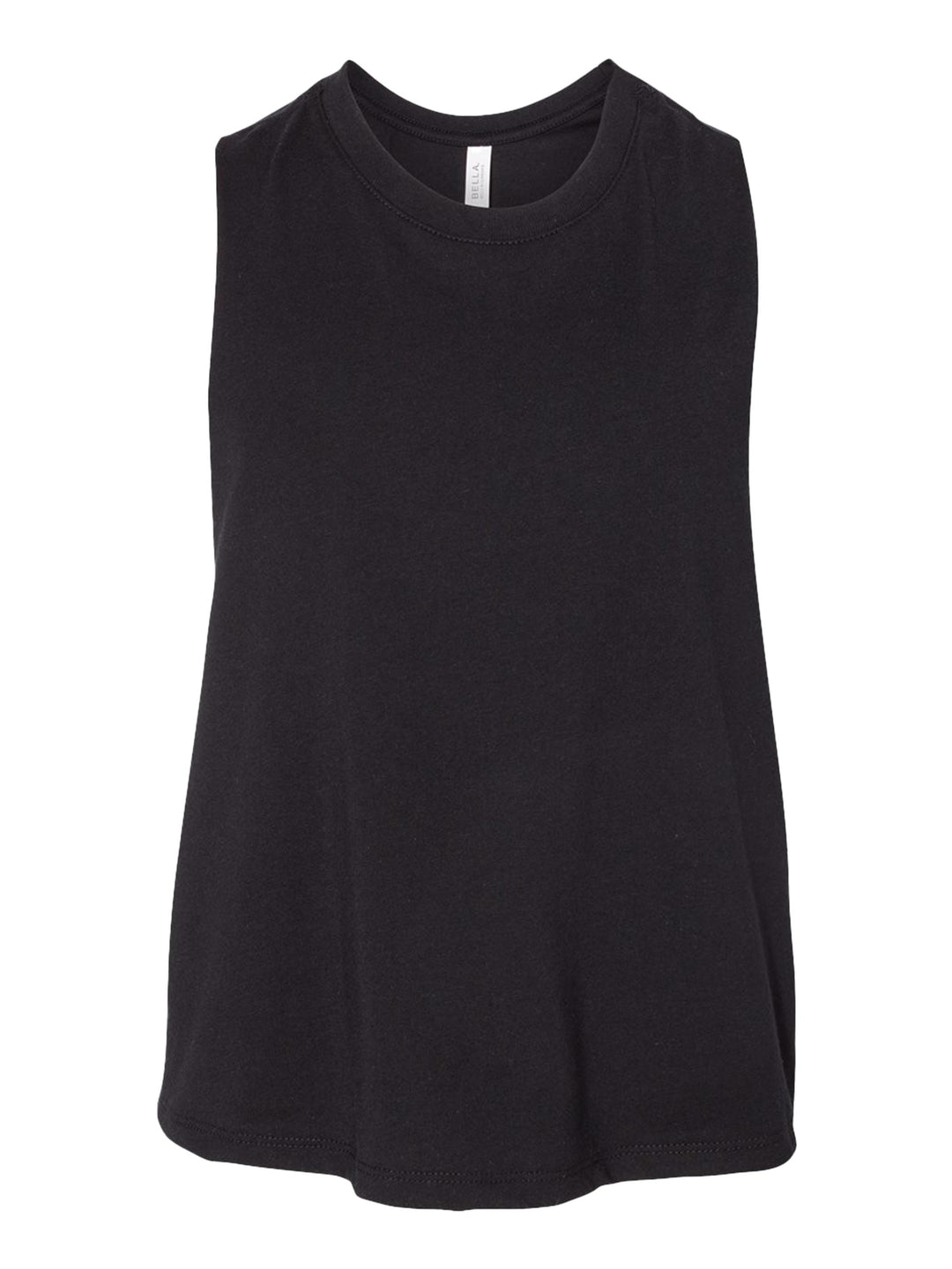 Bella + Canvas Women’s Racerback Crop Tank in solid black, laid flat to showcase its sleeveless, cropped design. Ideal for casual styling.