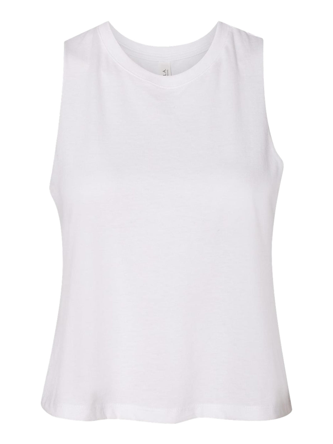Bella + Canvas Women’s Racerback Crop Tank in white, displayed flat to highlight its soft fabric and relaxed fit.
