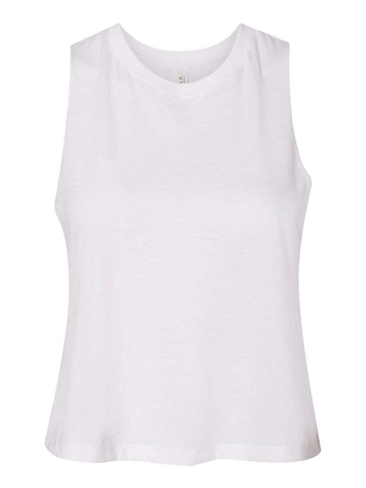 Bella + Canvas Women’s Racerback Crop Tank in white, displayed flat to highlight its soft fabric and relaxed fit.