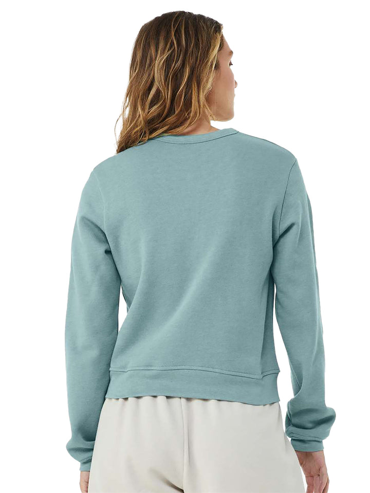 Back view of Bella and Canvas Women's Sponge Fleece Classic Crewneck in muted teal, highlighting its clean stitching and premium fleece fabric.