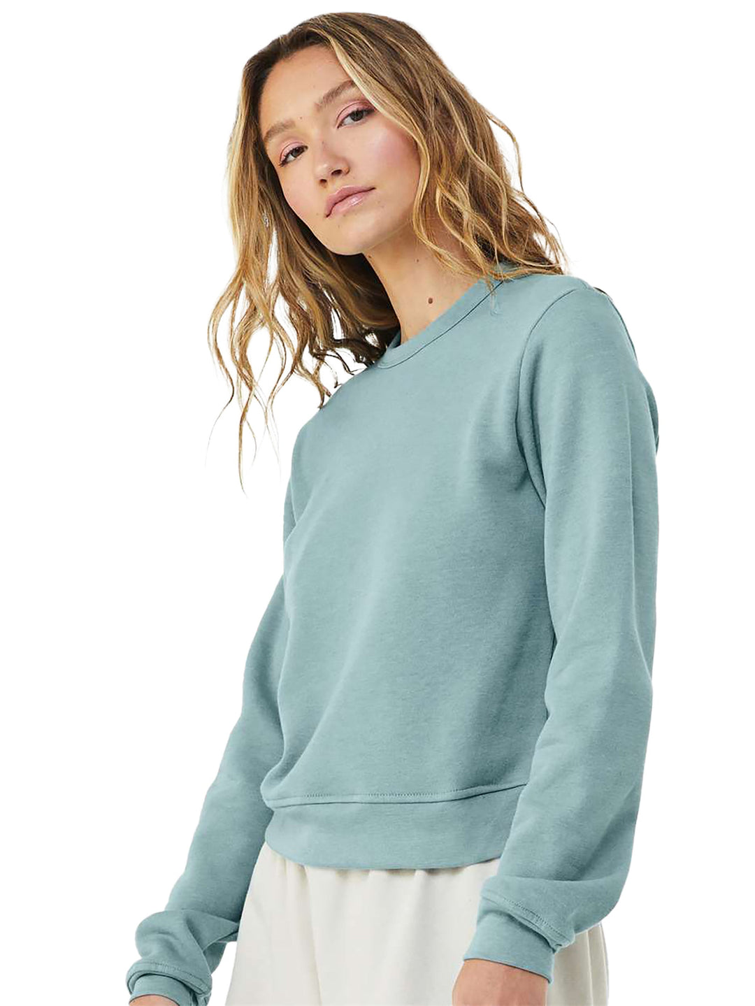 Side view of Bella and Canvas Women's Sponge Fleece Classic Crewneck in muted teal, showcasing its stylish cropped design and cozy material.