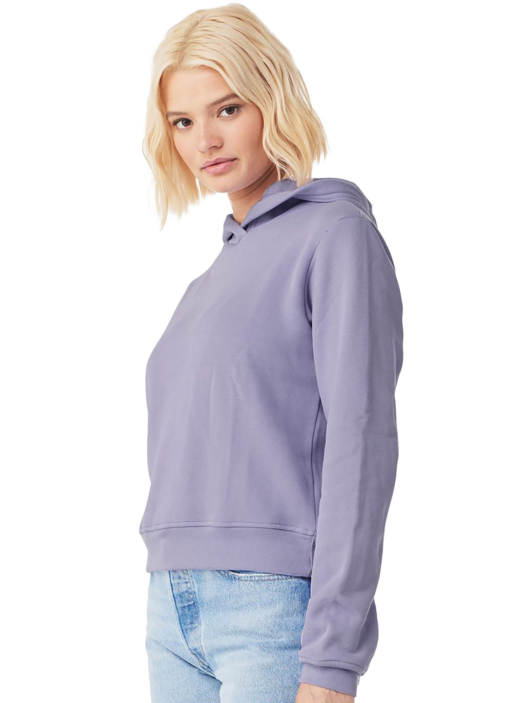 Side view of the Custom Bella + Canvas Women's Classic Hoodie in lavender, showcasing its stylish cropped design and comfortable fit for customization.