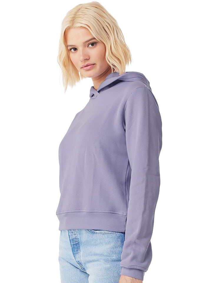 Side view of the Custom Bella + Canvas Women's Classic Hoodie in lavender, showcasing its stylish cropped design and comfortable fit for customization.