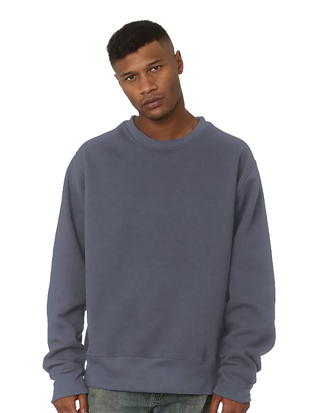Custom Bayside USA-Made Super Heavy Oversized Crewneck in slate blue. Made from 100% pre-shrunk cotton for warmth and comfort. Ideal for customization.