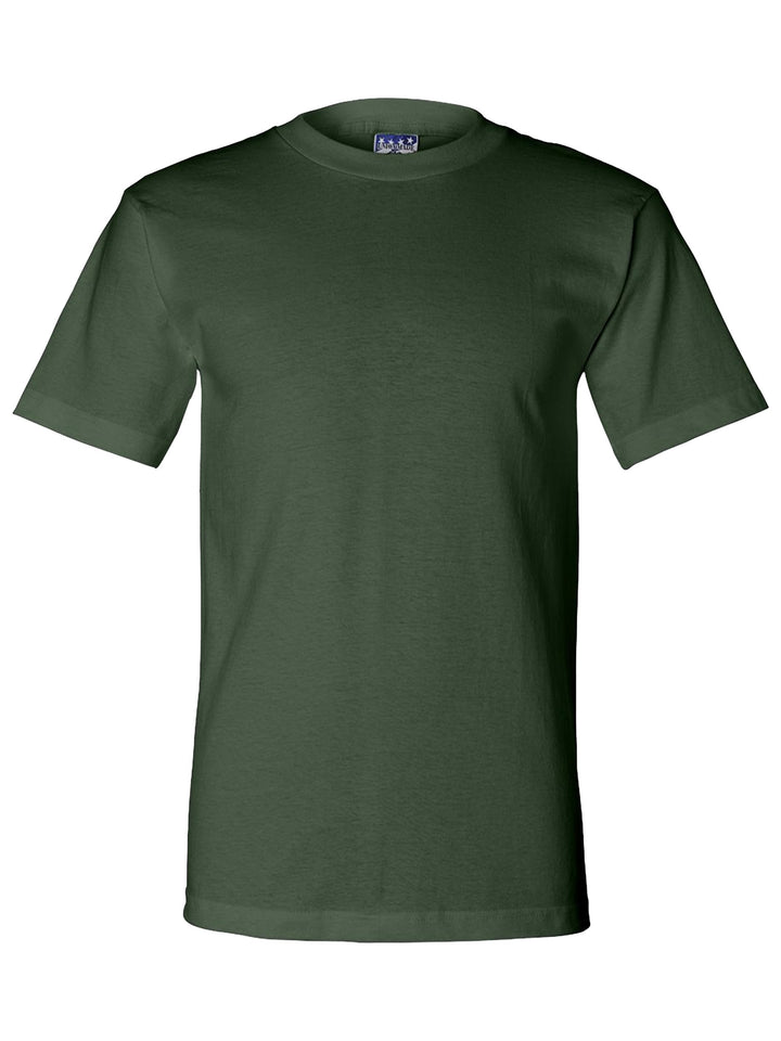 Forest green Bayside Union-made T-shirt, crafted in the USA. Customizable and available with no minimum order.