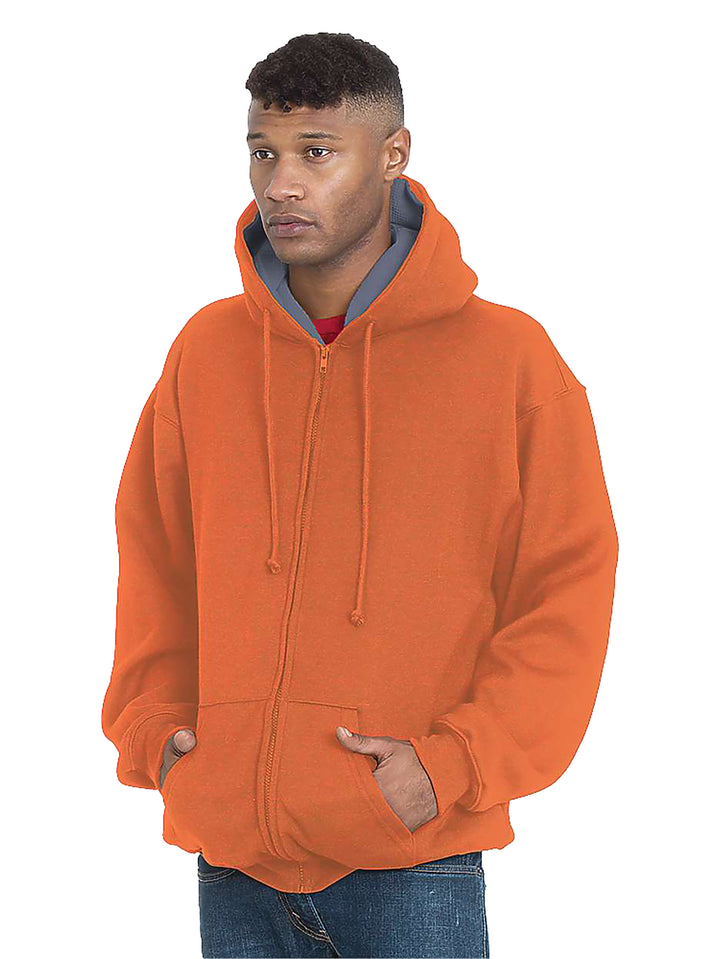 Custom Bayside USA-Made Super Heavy Thermal Lined Zip Up Hoodie in orange. Designed for warmth and durability with a thermal lining and zip-up front.