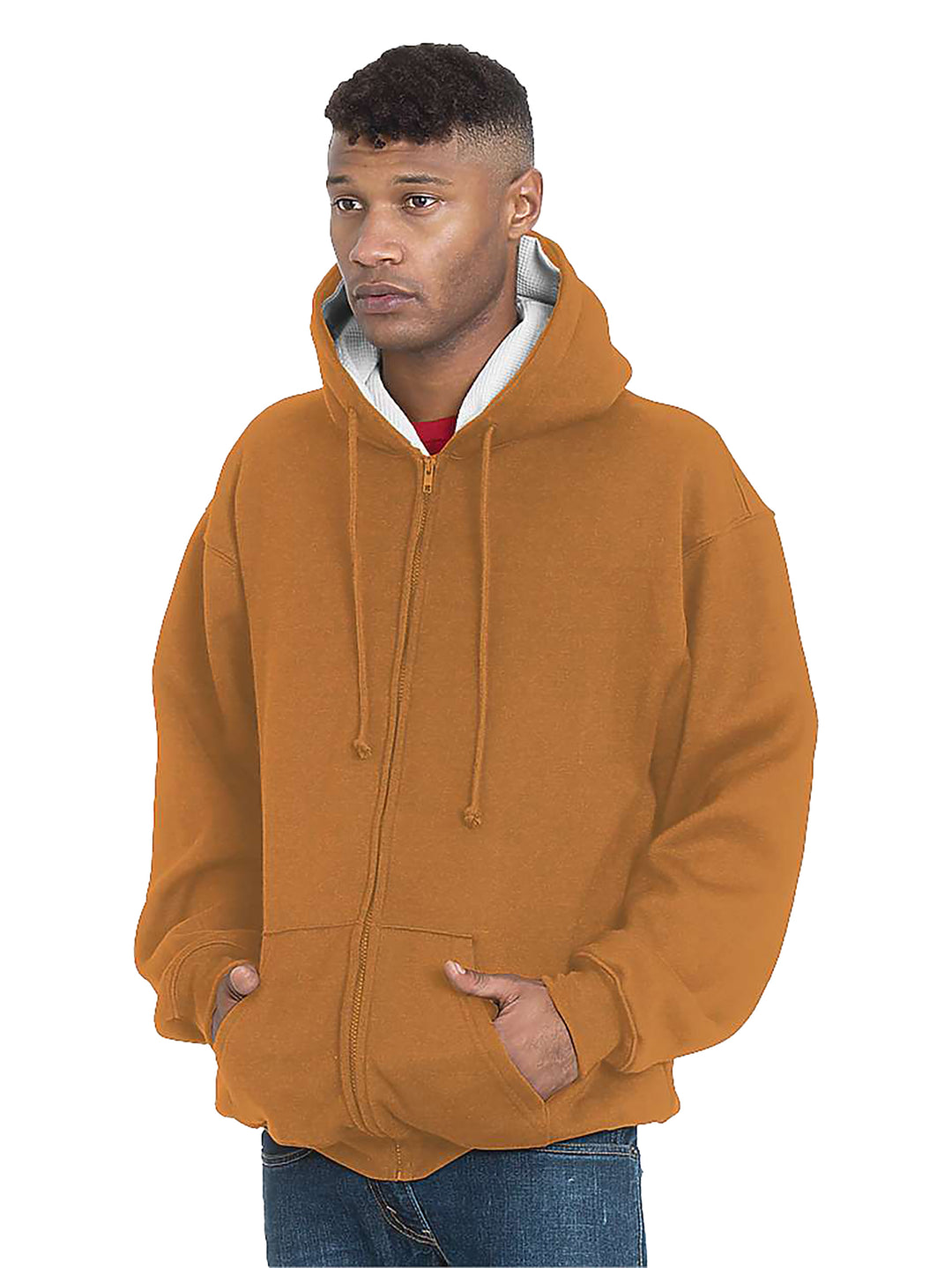 Custom Bayside USA-Made Super Heavy Thermal Lined Zip Up Hoodie in brown. Offers superior warmth with a thermal lining, full zip closure, and hood.