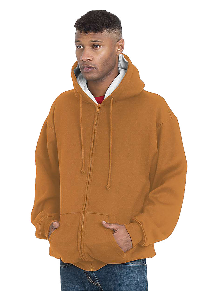 Custom Bayside USA-Made Super Heavy Thermal Lined Zip Up Hoodie in brown. Offers superior warmth with a thermal lining, full zip closure, and hood.