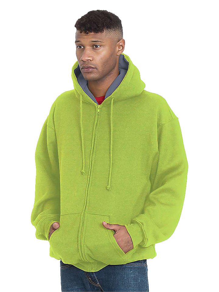 Custom Bayside USA-Made Super Heavy Thermal Lined Zip Up Hoodie in lime green. Features a thick thermal lining, zip-up front, and adjustable hood.