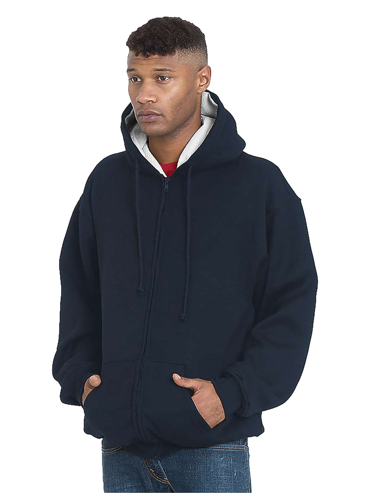 Custom Bayside USA-Made Super Heavy Thermal Lined Zip Up Hoodie in navy blue. Made for warmth and comfort with a thermal lining and zip-up design.