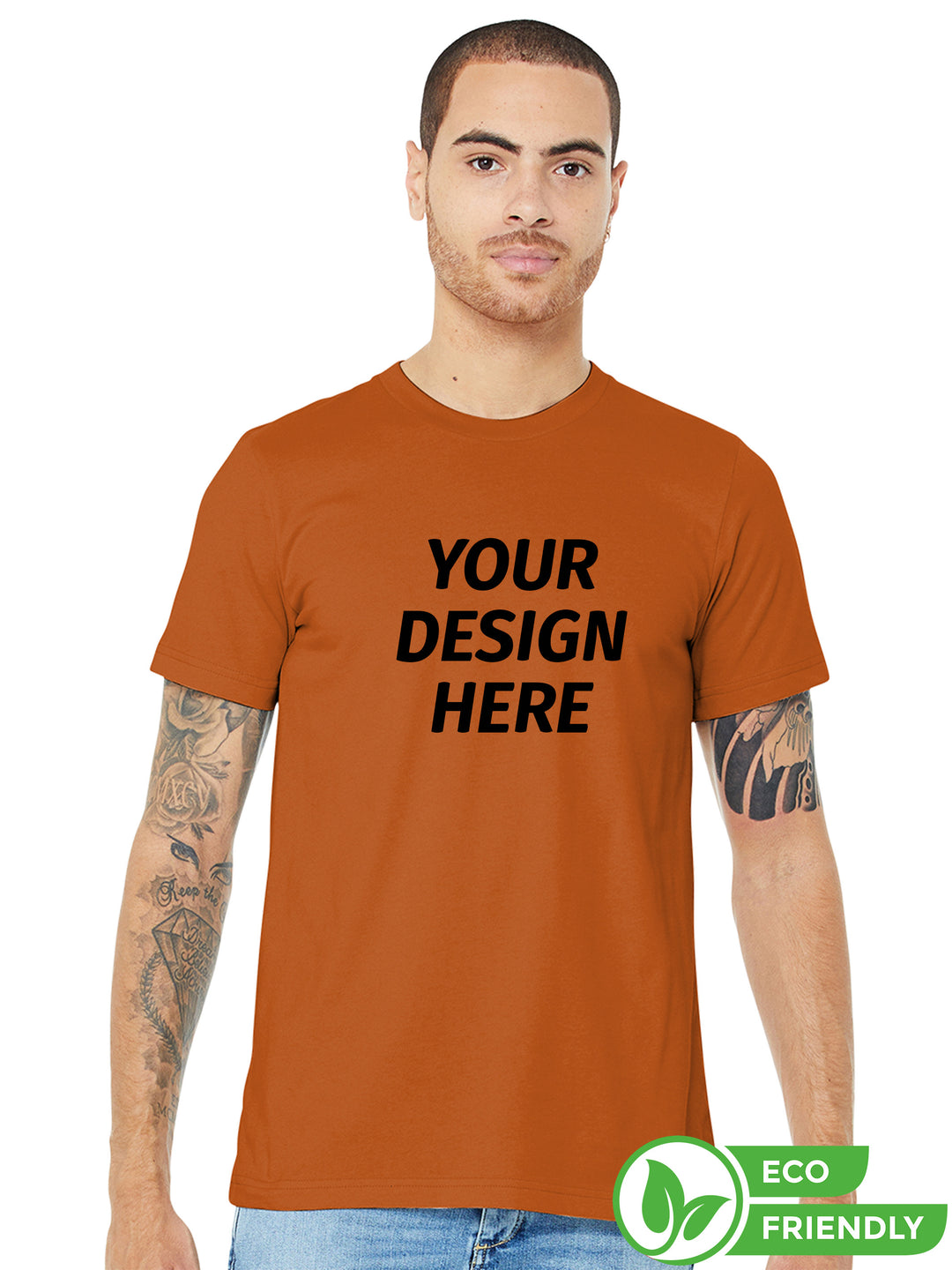BELLA + CANVAS Jersey Tee 3001 in burnt orange with 'Your Design Here' text, ideal for custom printing. Eco-friendly unisex t-shirt for personalized apparel.