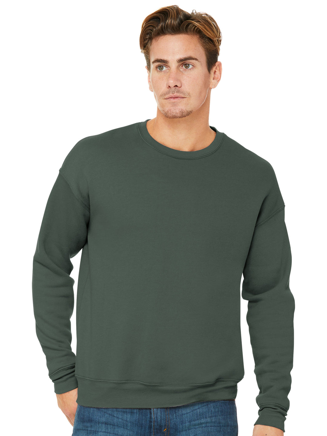 Custom Bella and Canvas Sponge Fleece Drop Shoulder Crewneck in forest green, featuring a relaxed fit and soft fleece fabric for ultimate comfort.