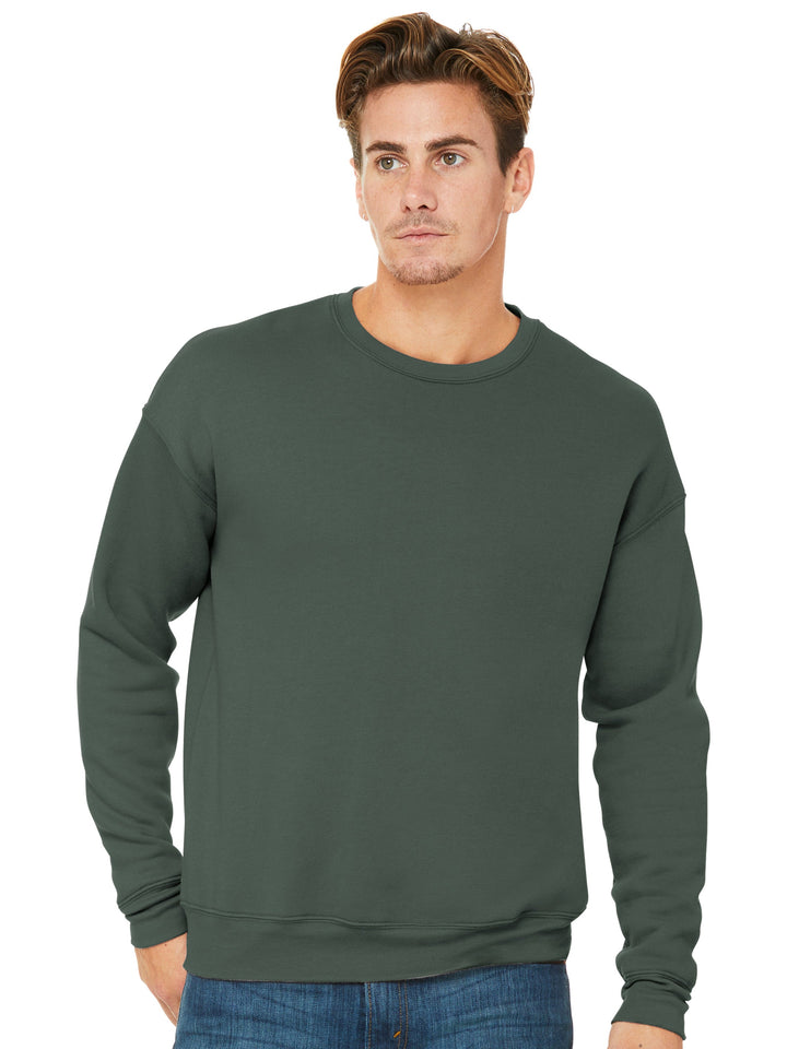 Custom Bella and Canvas Sponge Fleece Drop Shoulder Crewneck in forest green, featuring a relaxed fit and soft fleece fabric for ultimate comfort.