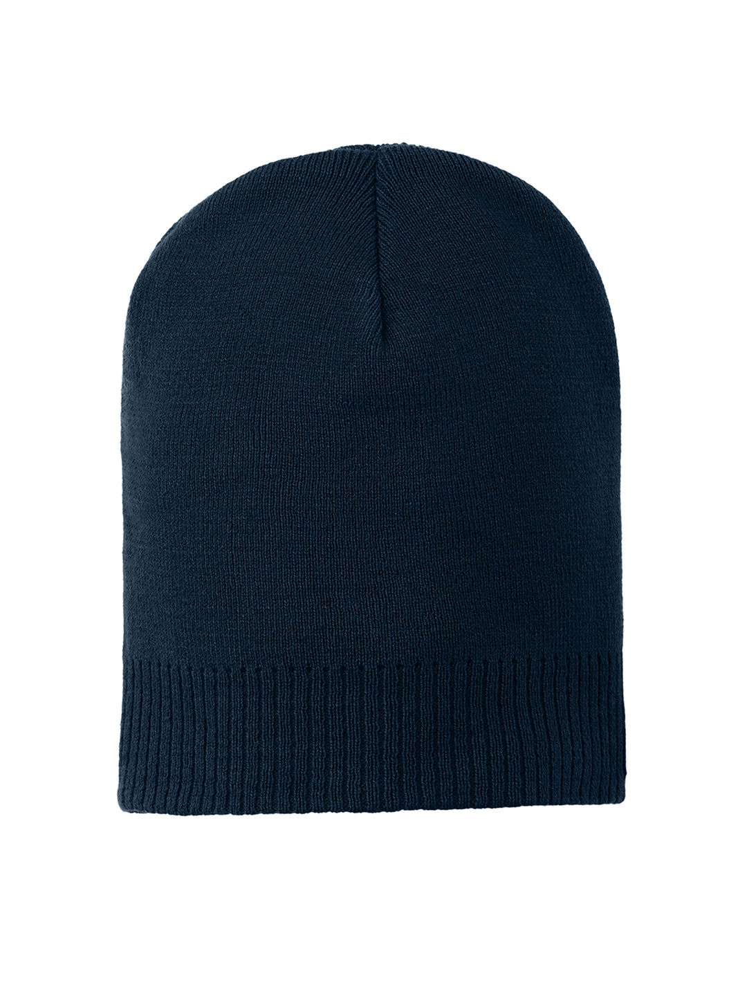 Port Authority® 100% Cotton Beanie CP95 in navy blue, offering a classic design with a stretchable fit. Perfect for layering in chilly weather.