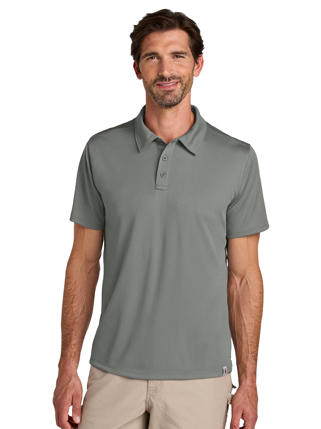 Custom Carhartt Force® Sun Defender™ Polo in grey, designed for comfort and sun protection in business and outdoor work settings.