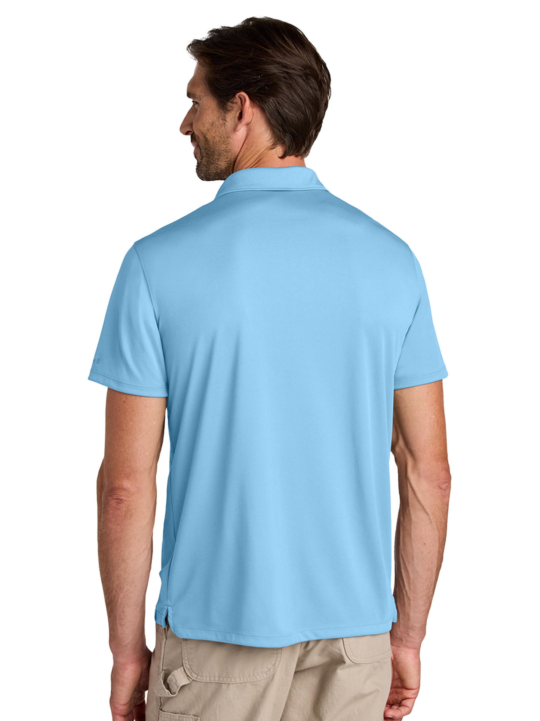 Back view of fresh water blue Custom Carhartt Force® Sun Defender™ Polo, showcasing breathable fabric and professional fit for workwear.