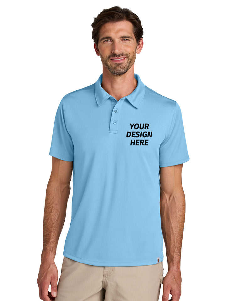 Custom Carhartt Force® Sun Defender™ Polo in fresh water blue with 'Your Design Here' text, ideal for business branding and work uniforms.
