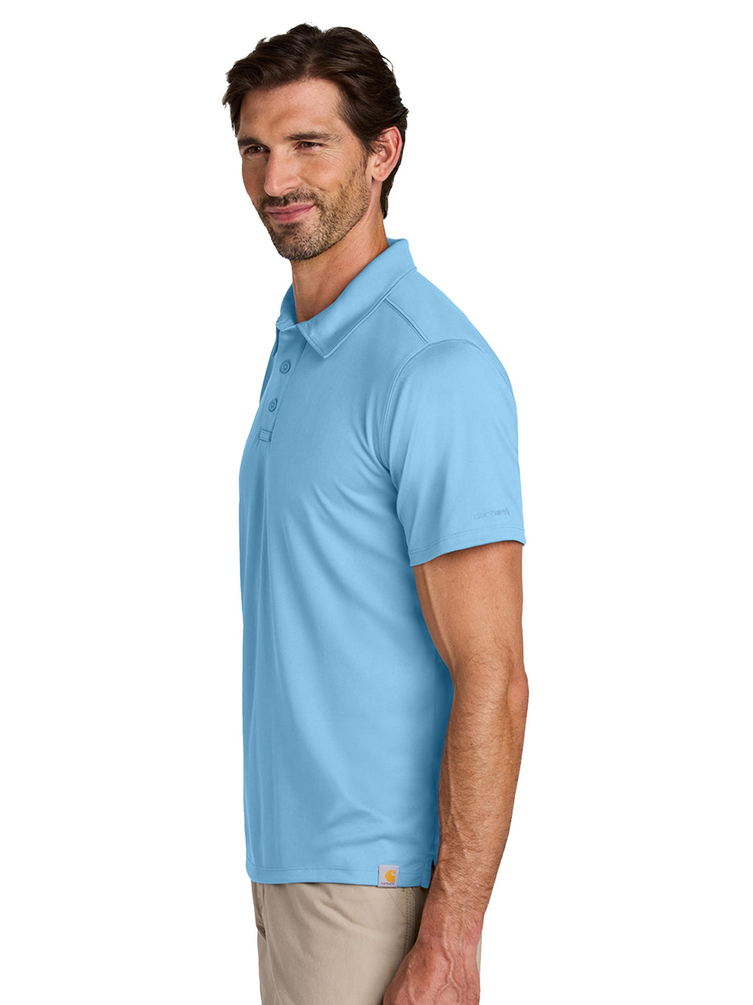 Side view of fresh water blue Custom Carhartt Force® Sun Defender™ Polo, highlighting sleek design and durable construction for business use.
