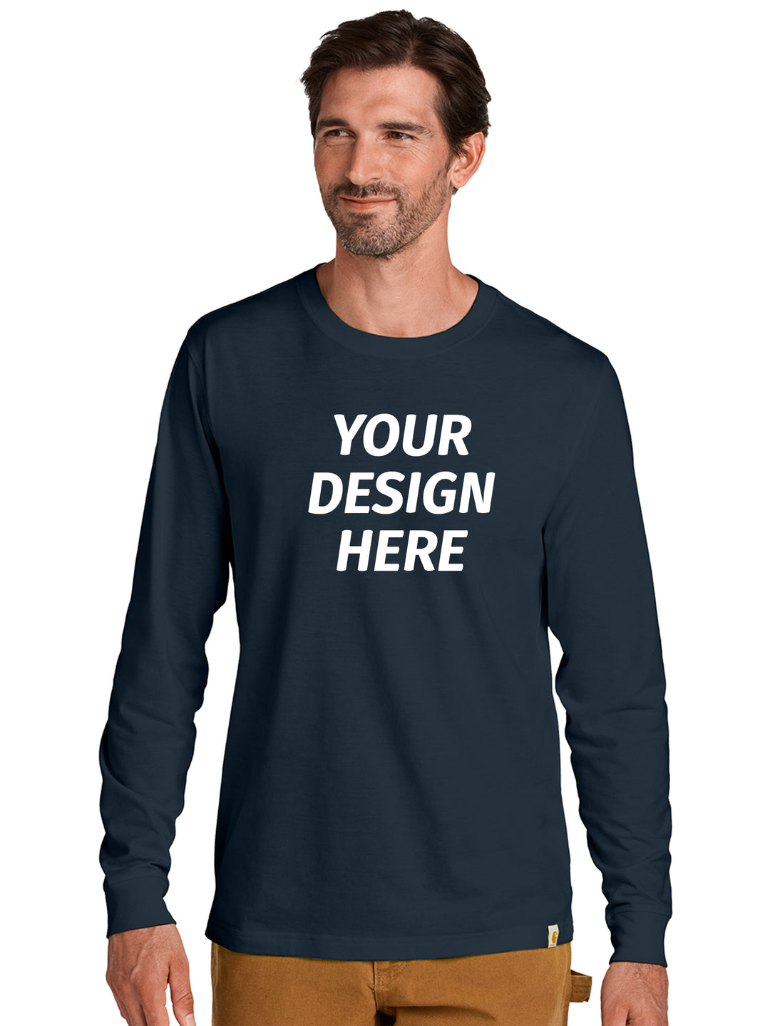Custom Carhartt Long Sleeve Work Shirt in navy with 'Your Design Here' text, ideal for personalized workwear with no minimum order.