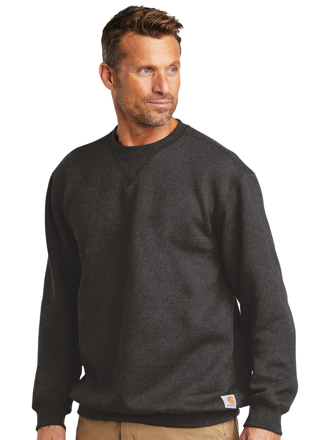 Side view of the Carhartt Midweight Crewneck sweatshirt in black, showcasing its durable fabric and relaxed fit. Perfect for workwear or casual wear.
