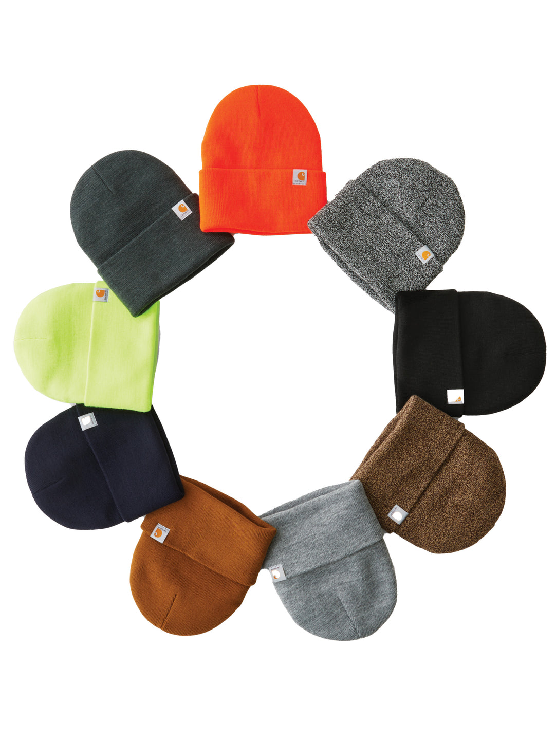 Collection of Custom Carhartt Beanies in various colors arranged in a circle. Personalize with embroidery for a unique look.