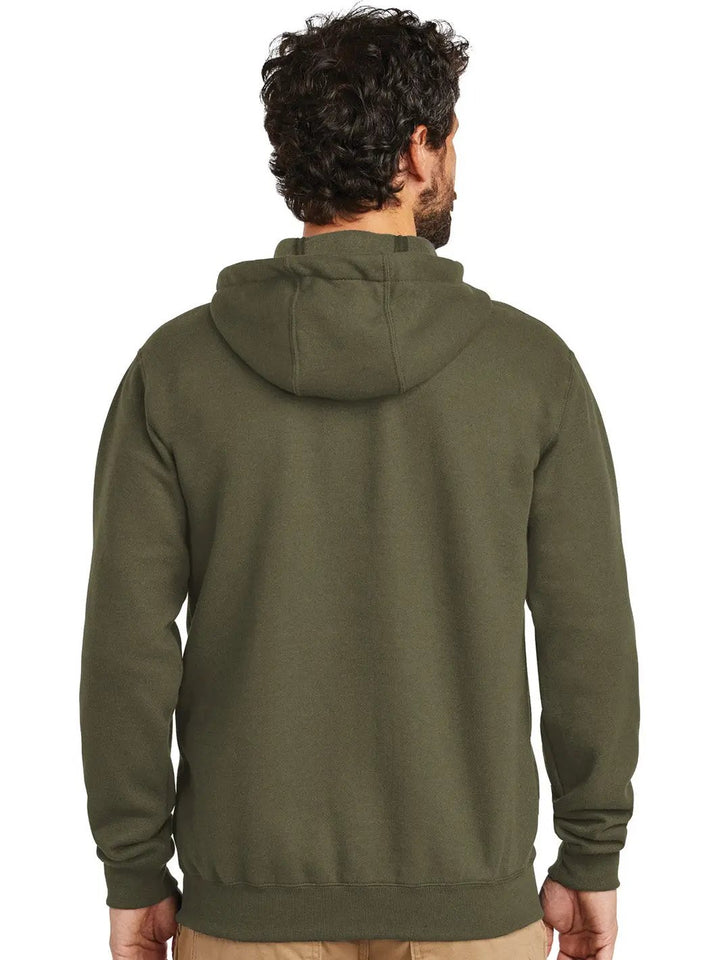 Back view of the Custom Carhartt Midweight Hooded Zip-Up Sweatshirt in olive green, highlighting the relaxed fit and attached hood for added warmth.