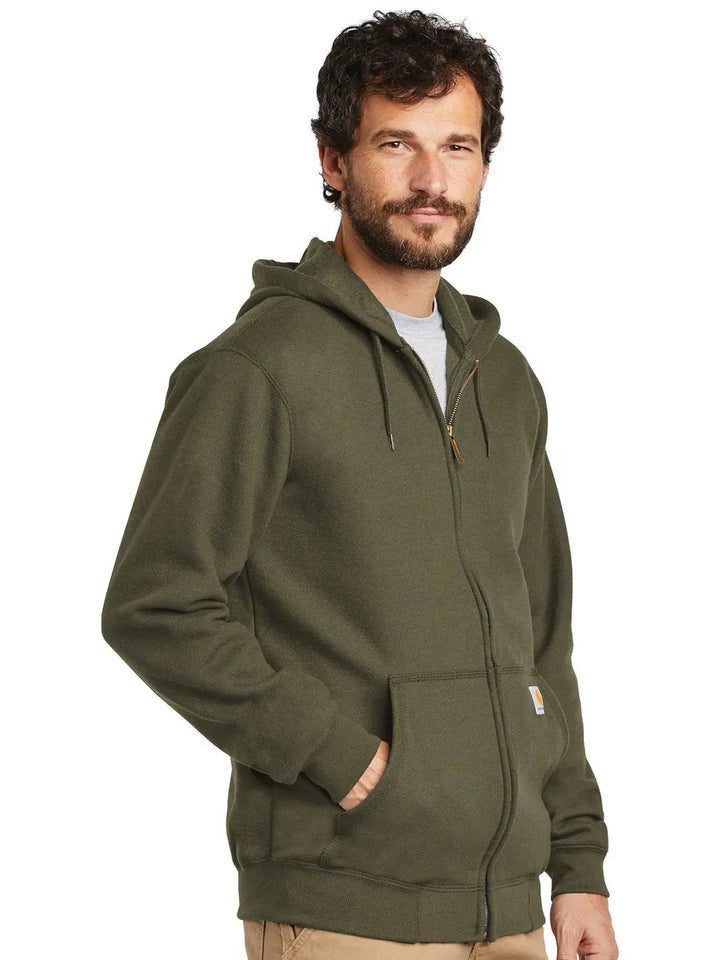 Custom Carhartt Midweight Hooded Zip-Up Sweatshirt in olive green, featuring a durable 10.5 oz cotton blend with front pockets and a full zip closure.