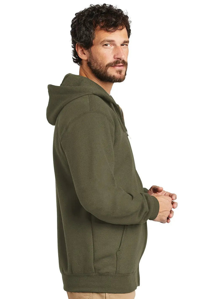 Side profile of the Custom Carhartt Midweight Hooded Zip-Up Sweatshirt in olive green, displaying rib-knit cuffs and waistband for a secure fit.