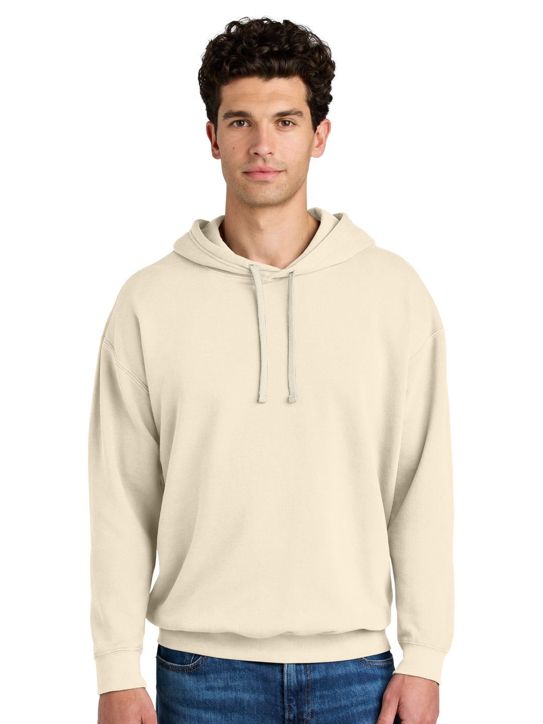 Custom Comfort Colors Light Weight Hoodie in ivory, made from 100% ring-spun cotton. Perfect for casual wear with a relaxed fit and soft fabric.