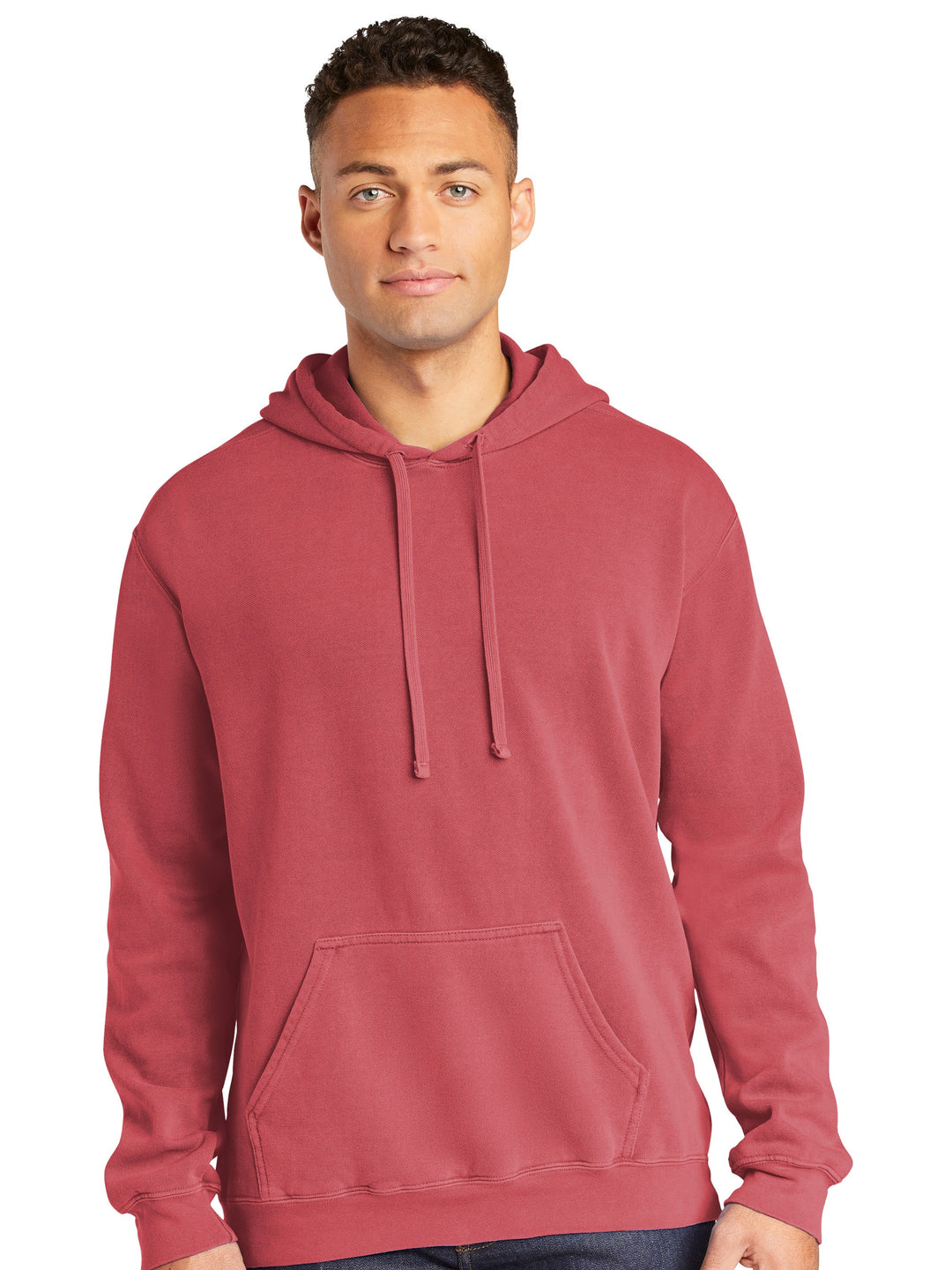 Custom Comfort Colors Ring Spun Hoodie in a soft red shade, featuring a relaxed fit, front pocket, and adjustable drawstring hood. Perfect for personalization.