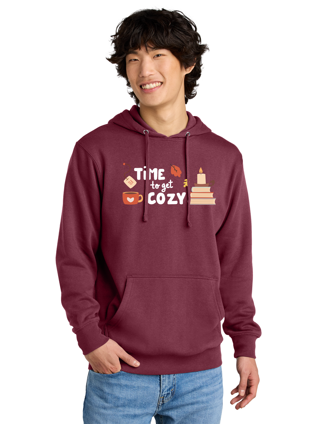 Maroon custom fall hoodie with 'Time to Get Cozy' embroidered design, featuring autumn-themed icons. Perfect for chilly weather and stylish comfort.