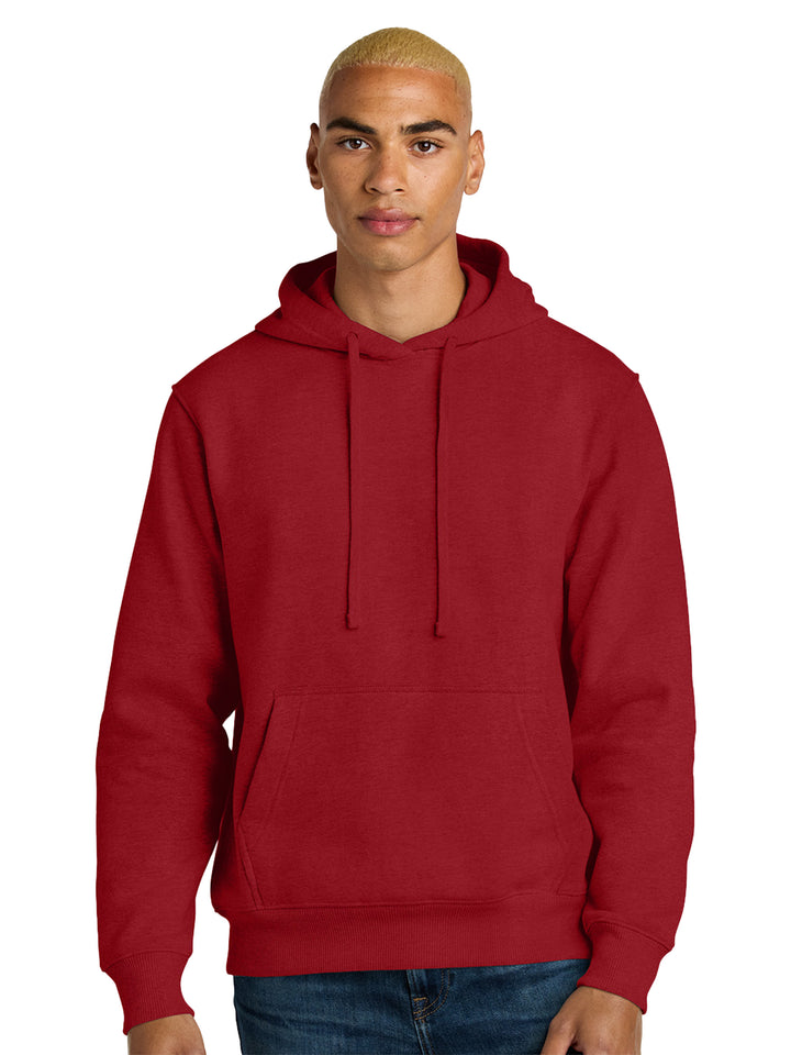 Custom District V.I.T Heavy Weight Hoodie in red, designed for warmth and durability with a soft fabric blend and ribbed cuffs.