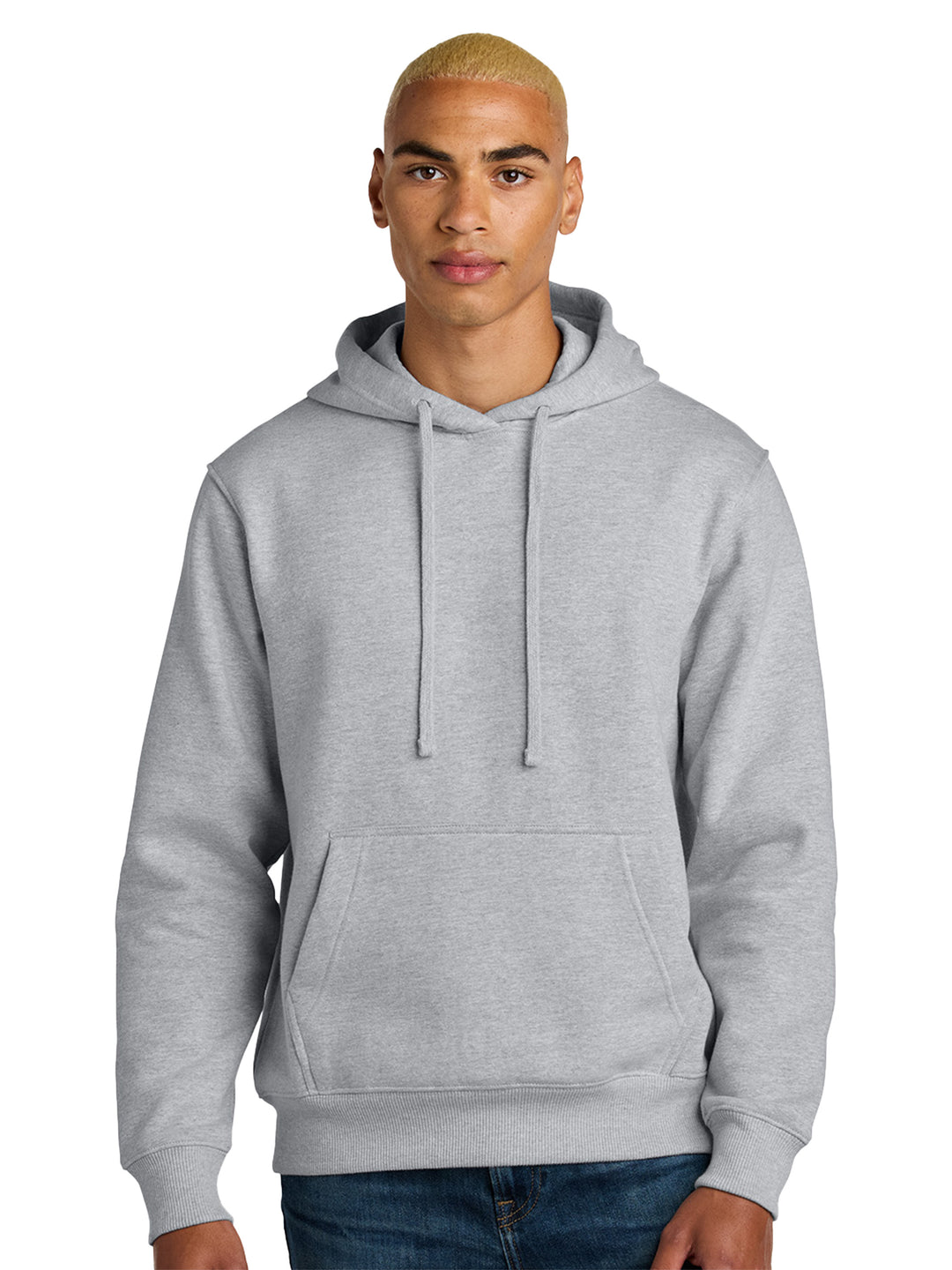 Custom District V.I.T Heavy Weight Hoodie in light gray, offering a versatile and cozy design with a front pocket and ribbed hem.