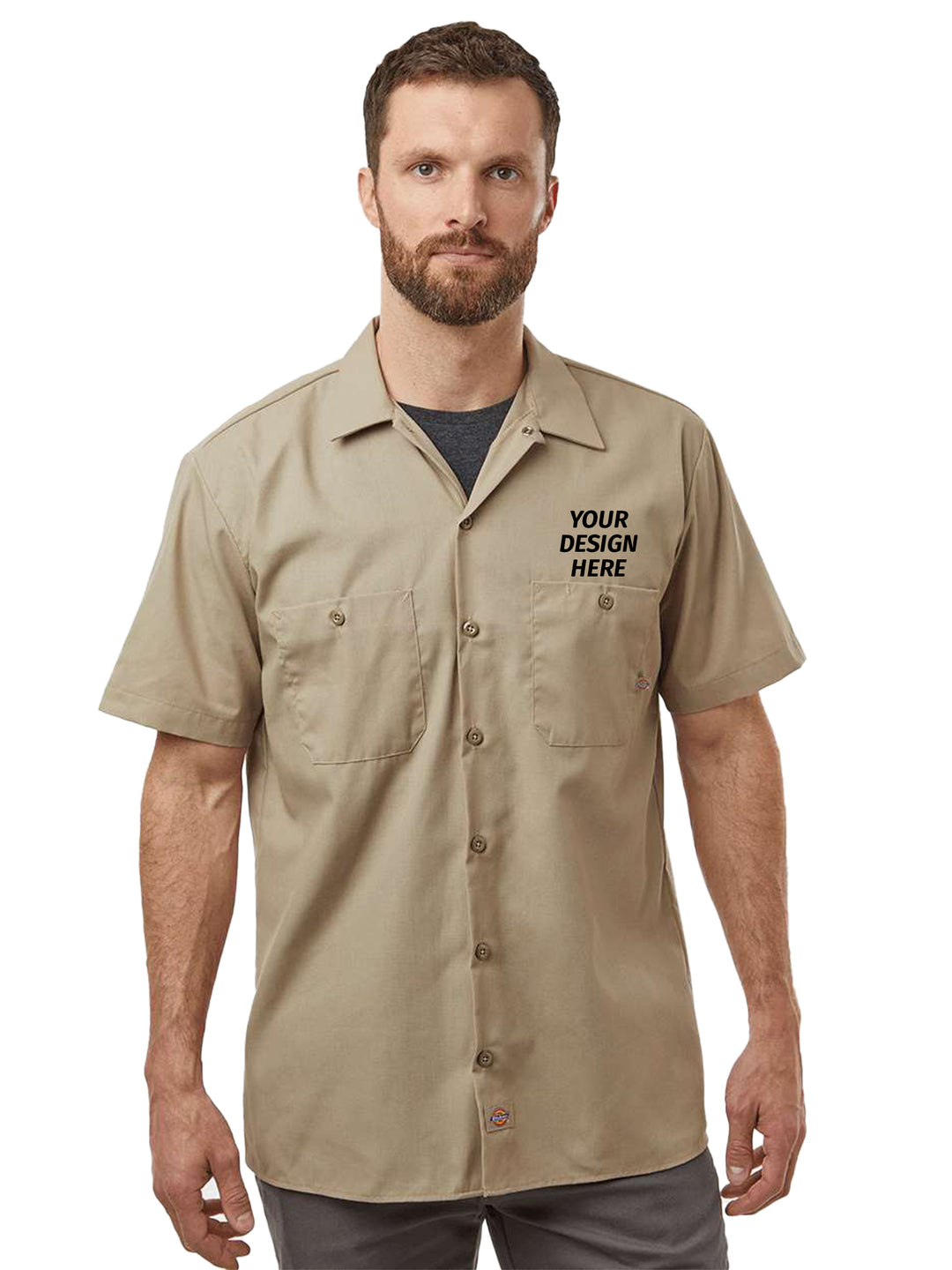 Tan Dickies Short Sleeve Work Shirt with custom embroidery option, ideal for uniforms in industrial and commercial settings.