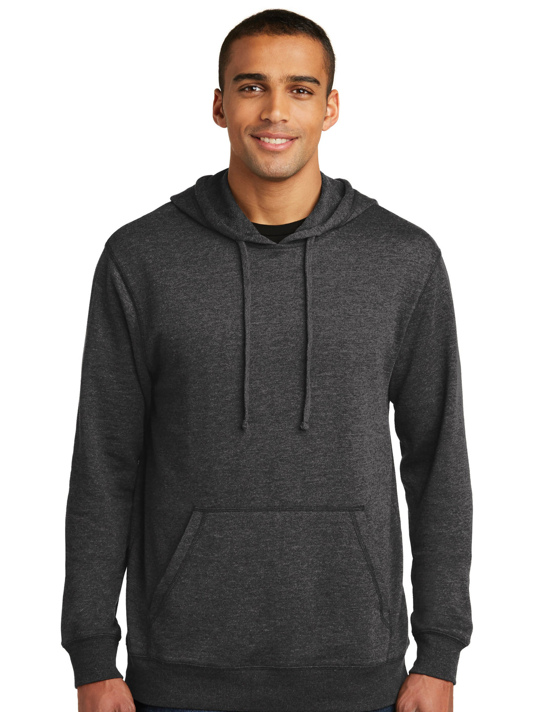 Custom District Light Weight Fleece Hoodie in dark gray, featuring a soft fabric, front pocket, and adjustable drawstring hood. Perfect for personalization.