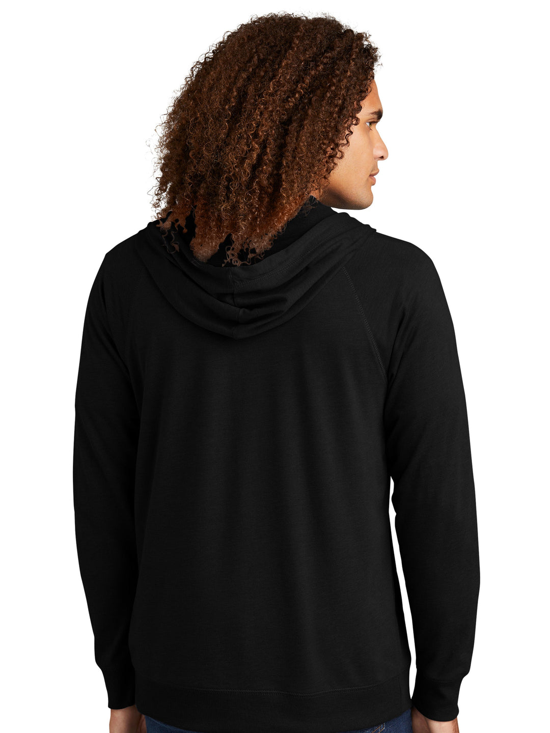 Back view of the Custom District Featherweight French Terry Zip Up Hoodie in black, highlighting the hooded design and lightweight French terry fabric.