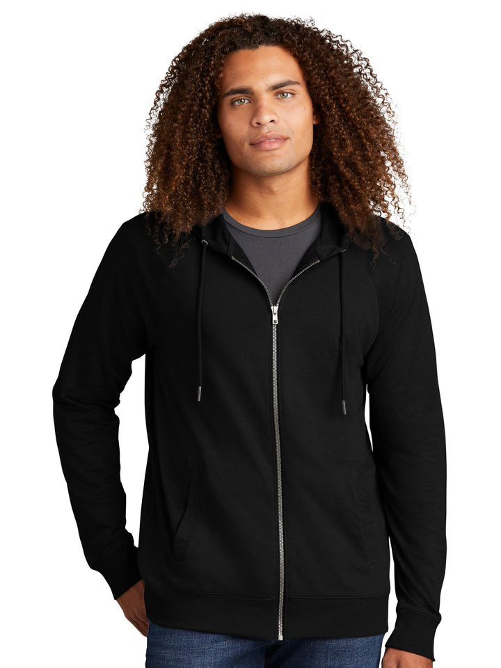 Custom District Featherweight French Terry Zip Up Hoodie in black, featuring a lightweight design with a full-length zipper and adjustable hood.