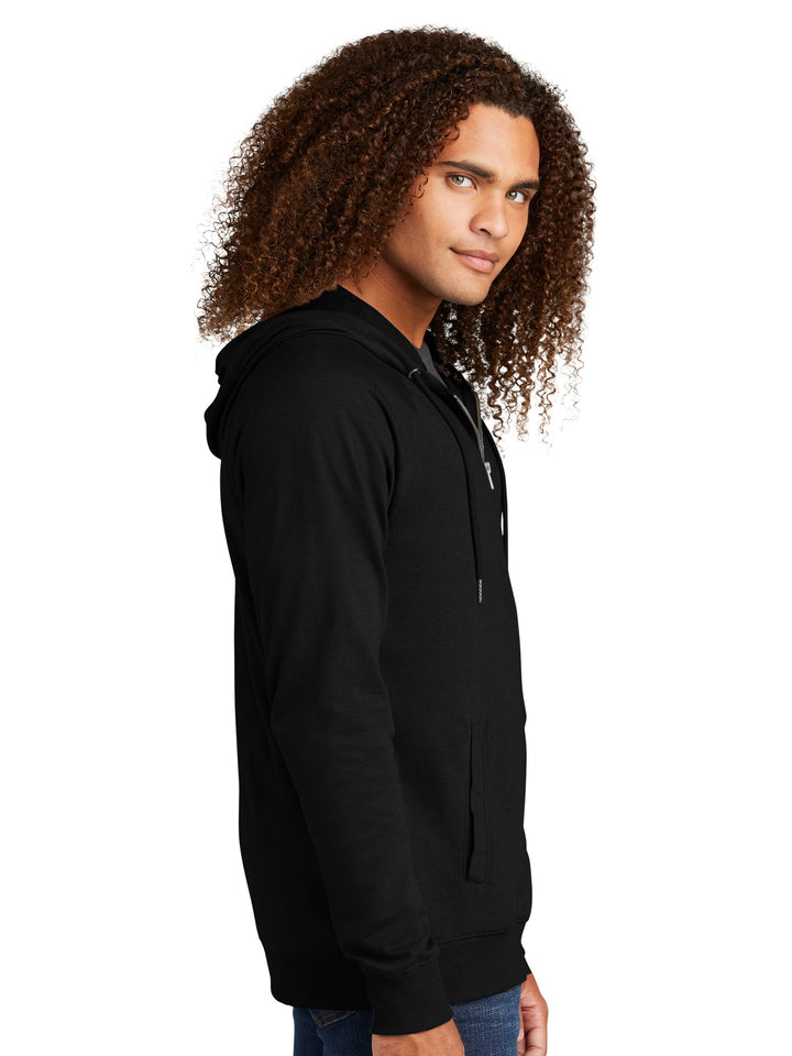 Side view of the Custom District Featherweight French Terry Zip Up Hoodie in black, showcasing its slim fit, soft fabric, and front pockets.