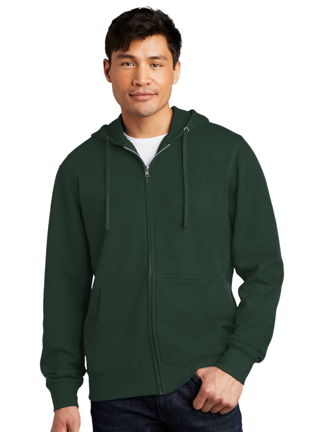 Custom District V.I.T. Fleece Full Zip Hoodie in forest green, featuring a soft fleece fabric, front zipper, and adjustable drawstring hood.