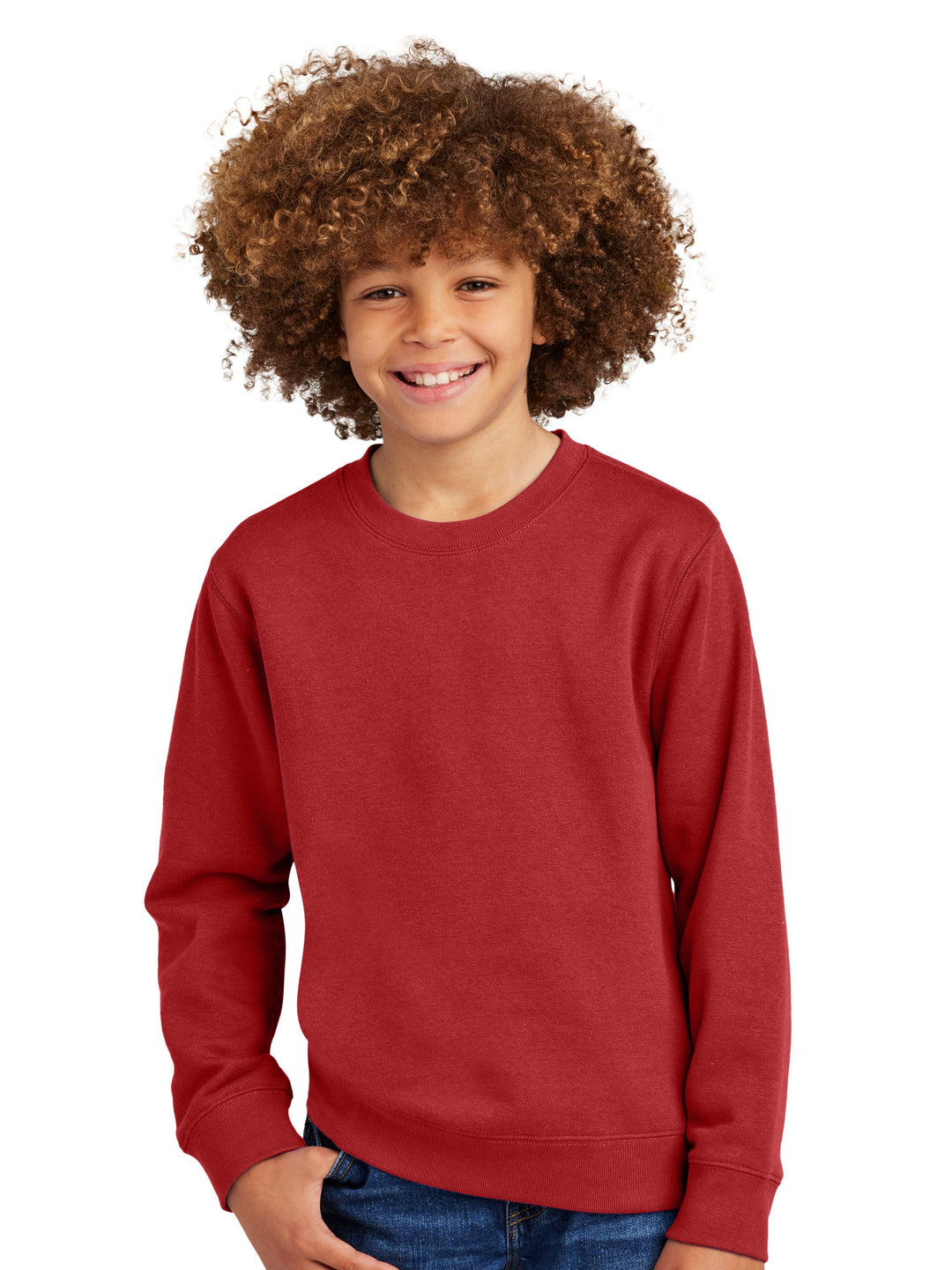 Customize District Youth V.I.T Fleece Crewneck in red, featuring a soft and cozy fabric. Perfect for kids, available at Kavy's Customs.
