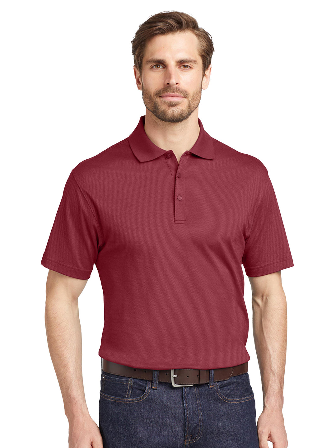Eddie Bauer® Performance Polo in rich red, featuring a classic fit and moisture-wicking technology. Perfect for corporate or casual wear.
