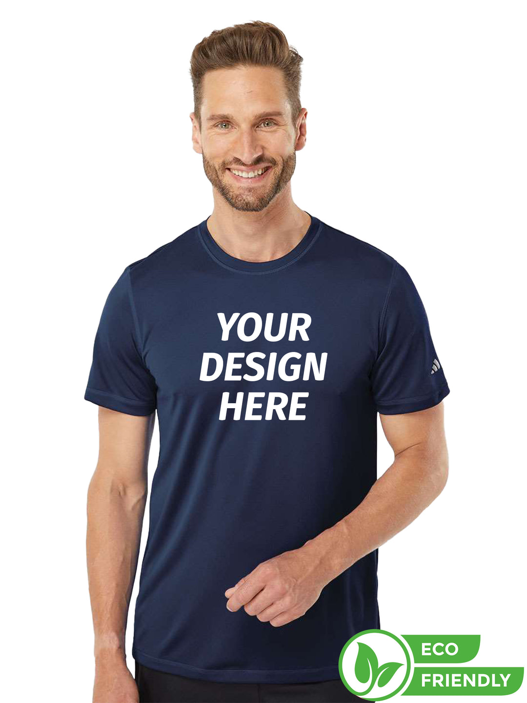 Custom Adidas Sport T-Shirt in navy blue with 'Your Design Here' text. Eco-friendly and perfect for personalization with logos or designs.