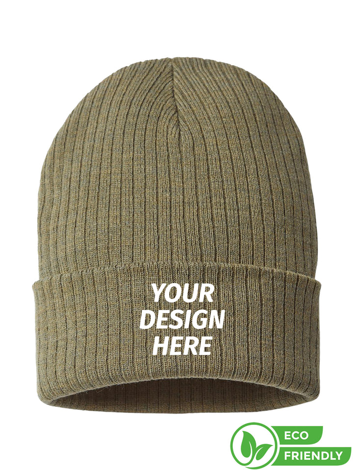 Custom Atlantis Headwear Sustainable Rib Cuffed Beanie in olive green with 'Your Design Here' text. Eco-friendly, ribbed knit, perfect for embroidery.