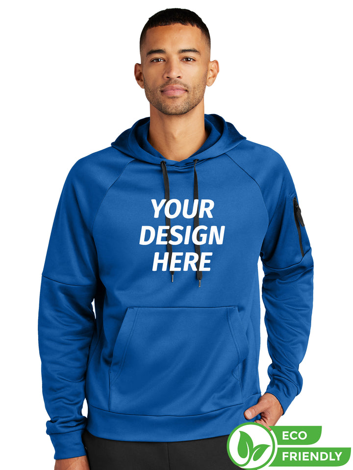 Custom Nike Therma-FIT Hoodie in royal blue with 'Your Design Here' text. Eco-friendly, warm, and stylish with a sleeve pocket. Personalize with your logo.