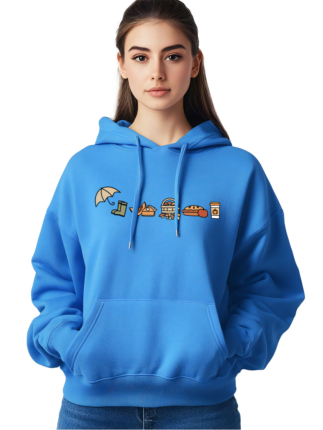 Custom fall hoodie in vibrant blue with autumn-themed front design, featuring cozy seasonal icons. Comfortable fit, perfect for chilly weather.